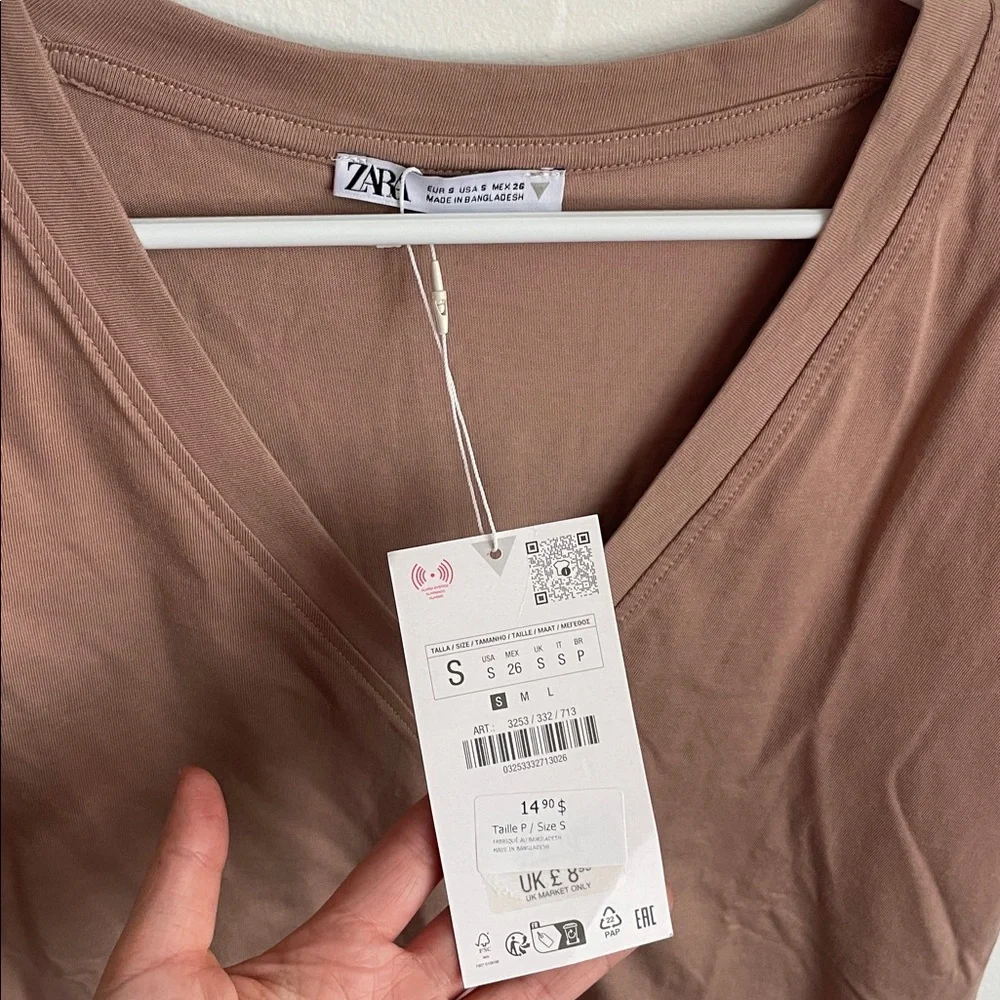 Zara V-Neck Tan Short Sleeve Top - Picture 3 of 7